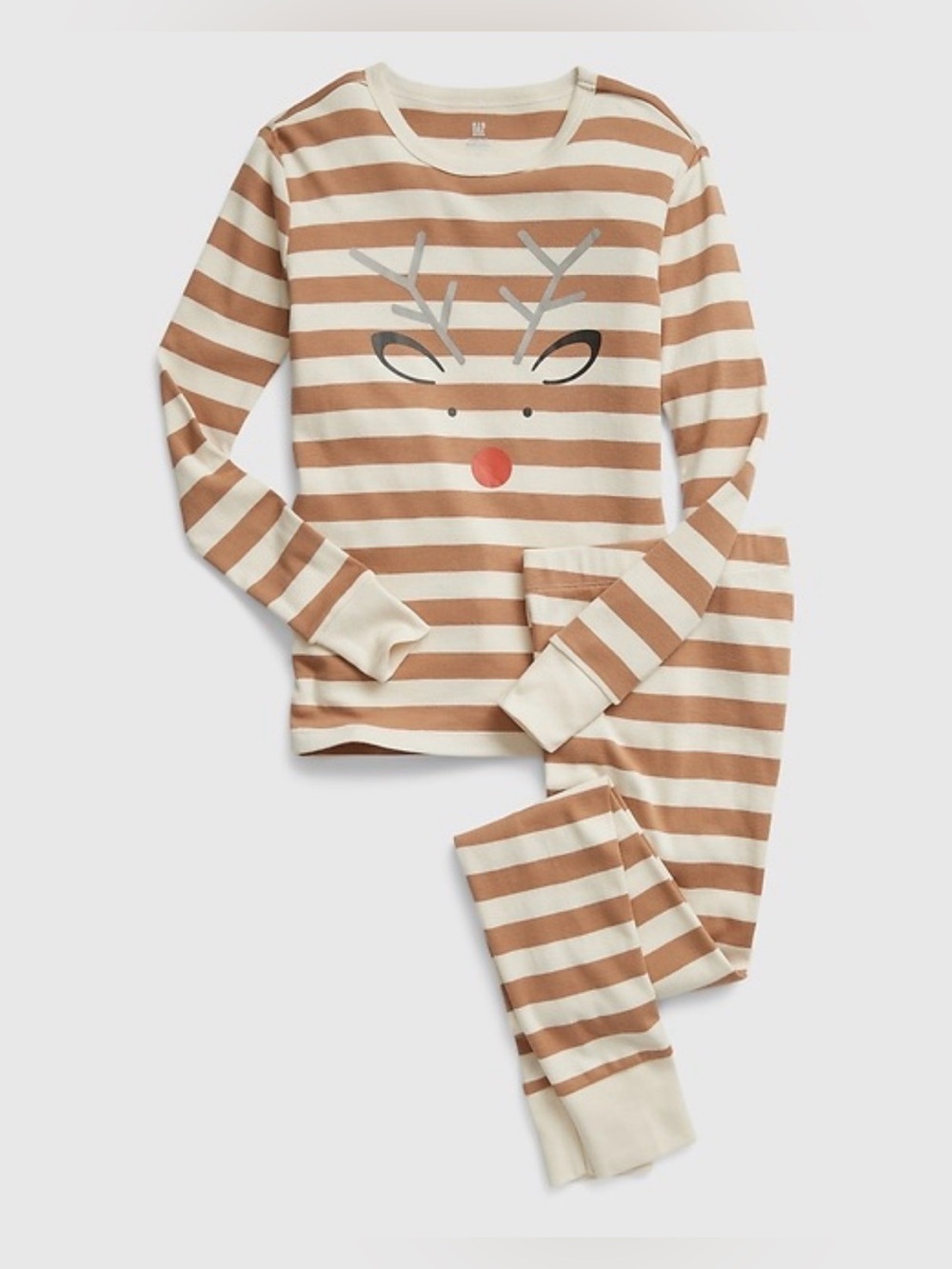 Gap Kids 100% Organic Cotton Reindeer PJ Set Size Youth 8 Light Brown Stripes